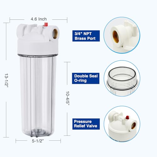 MOPUEHEL Whole House Water Filter Housing Clear,10\" X 2.5\" Inline Sediment Water Filter for RV, Home, Aquarium, Maple Syrup RO System, 3/4 NPT Brass Port, Steel Bracket - 1025TBH