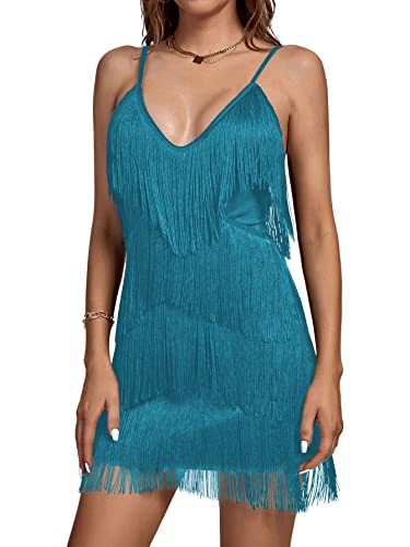 Image of Umenlele Women's Layered Fringe Deep V Neck Cami Mini Dress Sleeveless Tassels Flapper Dresses
