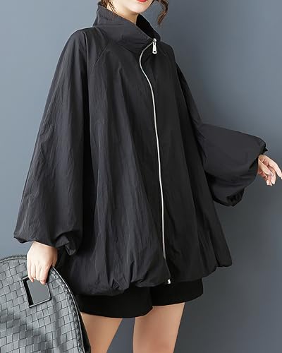 ellazhu Women's Coat Solid Zipper Up Puffed Bubble Long Sleeve Two Side Pockets Mock Neck Plus Size Casual Fashion GZ5834