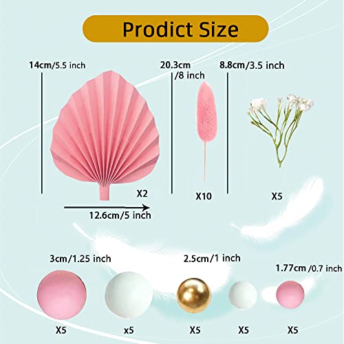 Cake Topper Pink Cake Decoration Palm Leaves Balls Flowers Cake Topper, For Birthday, Baby Shower Party, Valentine's Day, Anniversary Cake Decoration #TOP6