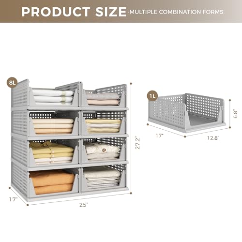 Image of Pinkpum 8 Pack Closet Organizers and Storage Plastic Stackable Storage Bins, Foldable Drawer Shelf Storage Container for Wardrobe Kitchen Bathroom Dorm Grey