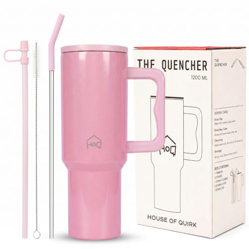 Image of House of Quirk 1200ML Stainless Steel Tumbler with Handle & Lid, 2 Straws - Large Travel Mug Water Cup for Gym, Office & Outdoor Use (Shiny Baby Pink)