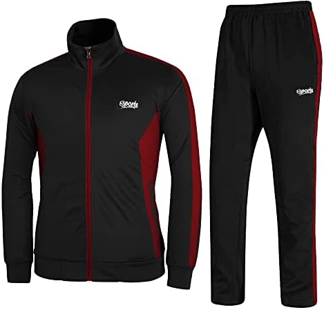 November's Chopin Running Tracksuit for Men sets with Full Zip Colorblock Drawstring Casual Athletic Wear Black Maroon X-Large