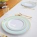 Nervure 25 Guest Mint Gold Plastic Plates with Gold Silverware,Disposable Cups-Include 25 Dinner Plates, 25 Dessert Plates, 25 Forks, 25 Knives, 25 Spoons & 10 oz Plastic Cups