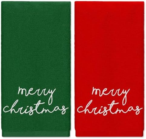 2Pcs Merry Christmas Hand Towels Red Green Cotton Embroidered Bat...