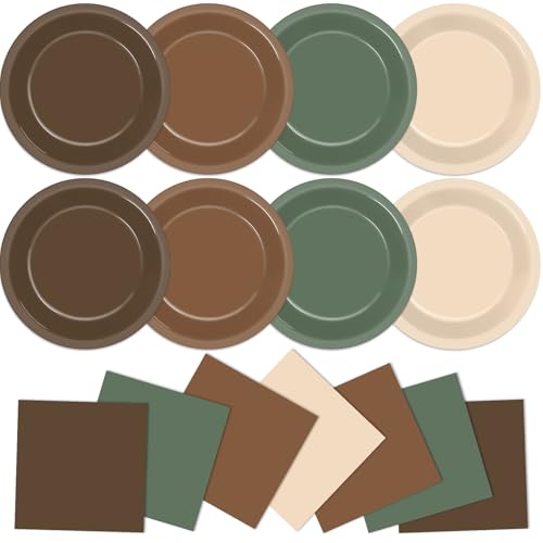 Qyeahkj 100Pcs Woodland Baby Shower Decorations 7" Sage Green Brown Disposable Paper Plates Napkins Forest Animal Theme Party Tableware Jungle Safari Gender Reveal Birthday Party Supply（Brown Green）