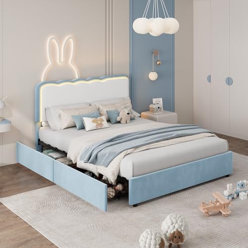 Image of Garvee Irregular Wave LED 2-Drawer Soft Upholstered Bed, Soft Padding