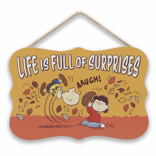 Image of Peanuts Life Is Full of Surprises Hanging Wood Wall Decor - Fun Charlie Brown Sign for Fall Decor