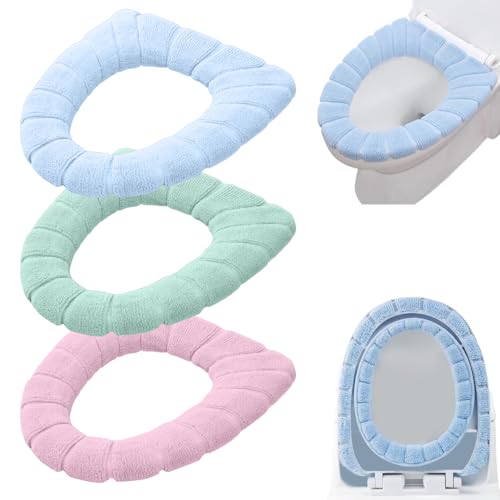Toilet Seat Covers 3PCS Soft Thicker Warmer Toilet Seat Cover Set Winter Toilet Covers Bathroom Plush Toilet Cushion Seat Cover Washable Easy Installation General Toilet Cover Pink Green Blue
