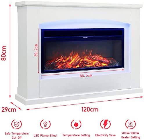 Electric Fire with Surround 50inch White Free Standing Electric Fireplace and Surround Heating Realistic Led Flame Effect 7 Color Setting Large Electric Fire Suite Heater with Remote