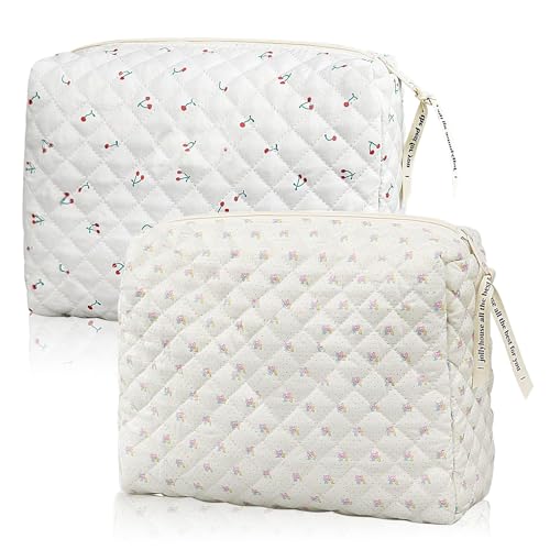 LURVOUS 2 Pezzi Beauty Case da Viaggio Grande, Borsa Cosmetica in Cotone Trousse Trucchi Donna con Cerniera, Beauty Case in Cotone Trucco Pochette da Toilette Borsa Trucco Floreale Pochette Trucchi