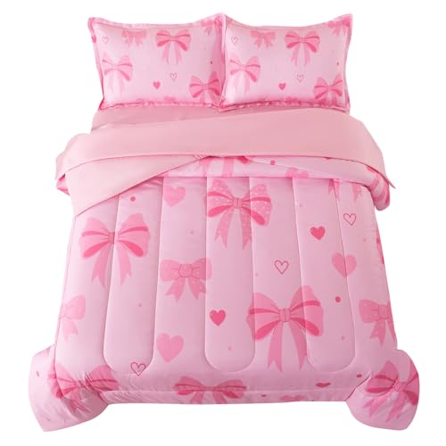 ADASMILE A & S Bow Comforter Set Twin Bed in A Bag for Girls, 6 Pieces Pink Bow Bedding Sets with Sheets for Kids, Kawaii Bowknot Comforter Girly Prin