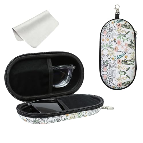 FlyingMage Double Eyeglasses Case Hard Shell Dual Glasses Sunglasses Organizer with Zipper Clip Travel Eyewear Storage for Women Men (White Flower)