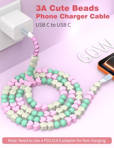 Image of USB C to USB C Cable 3FT,60W Fast Charging Beaded Charger Cord for iPhone 17 16 Pro Max 15 /iPad Pro 11 Air for Samsung S26 S25 S24 A17 /Android Phone Charge Cord Cute Girl Women,Mint+Pink Heart Beaded