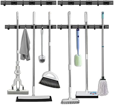 2 Pack 16'' Broom and Mop Holder Wall Mount with Movable Sliding 3 Racks 3 Hooks, Storage Organizer Wall Hanger, Cleaning Tool Hanging Grippers for Kitchen Bathroom Garden Garage Laundry Home Closet
