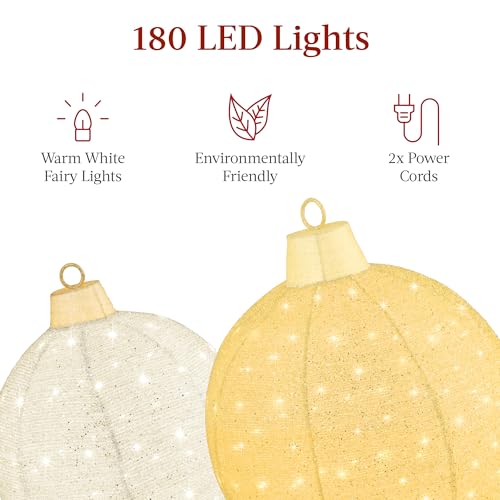 Best Choice Products 2pc Lighted Pop-Up Outdoor Christmas Ornament Set, Holiday Ball Decoration w/ 180 LED Lights, 8 Light Functions - Gold/White - Thumbnail 4