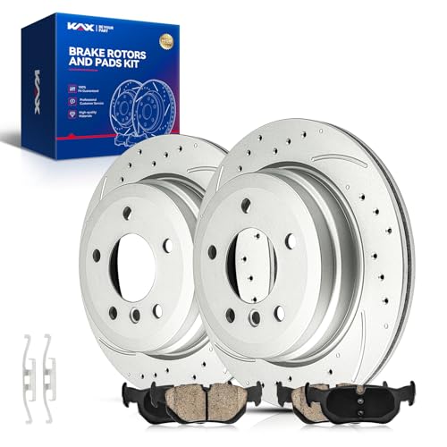 Image of KAX Rear Brake Kit Fits BMW 328i xDrive 2009-2013, BMW X1 2013-2015 | Drilled and Slotted Brake Rotors, Ceramic Brake Pads for 328i 2007-2013, 328xi 2007-2008, Automotive Replacement Brake Kit
