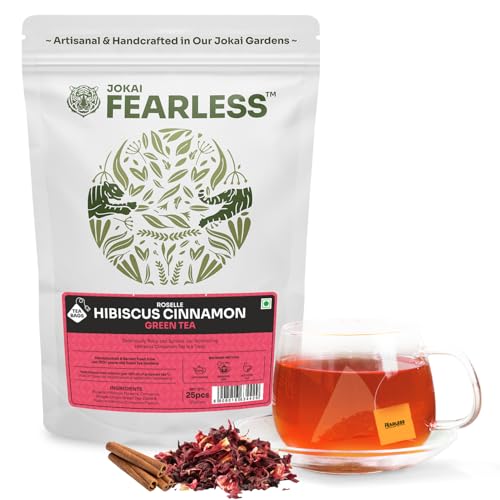Image of Fearless Hibiscus Cinnamon Green Tea Bags 25 pcs | Real Hibiscus Flowers, No Dust | Delicious Red Tea | No Artificial Colours | Brew Hot or Cold | & Safe Pyramid Tea Bags