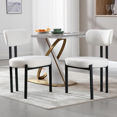 CIMOTA Modern Dining Chairs Set of 2, Curved Back Linen Fabric Upholstered Kitchen Chairs with Metal Legs, Farmhouse Armless Dining Room Chairs for Kitchen, Restauran, Living Room, Beige