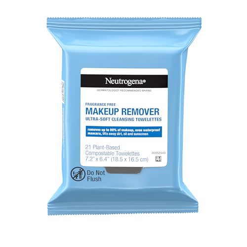 Neutrogena Fragrance-Free Makeup Remover Wipes, Daily Facial Cleanser Towelettes, Gently Removes Oil & Makeup, Alcohol-Free Makeup Wipes, 21 ct