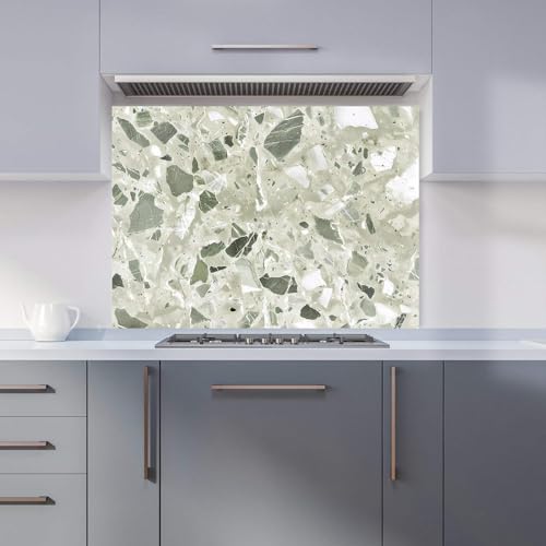 Premium Sage Green And White Quartz Effect Kitchen Splashback 6mm Toughened Glass Kitchen Splashback – Heat Resistant Splashback for Kitchens, Perfect for Cookers and Hobs, Polished Edges