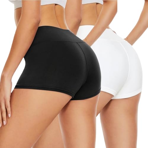 Image of JiaYouLC High Waisted Mini Pants, Women's Stretchy Anti Chafing Shorts Yoga Gym Cycling Sports Running Workout Hot Pants (UK, Alpha, S, M, Regular, Regular, Black+White, 2.5 Inseam)