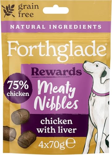 Forthglade Chicken with Liver Meaty Nibbles - 100% Natural Soft-Bite Dog Treats - 75% Chicken, Grain Free, Air-Dried, Perfect for Rewarding - Suitable for 2+ Months - 4 x 70g Resealable Bags