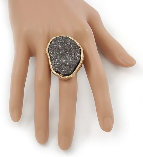 Avalaya Two Tone Off-Round, Textured Flex Ring (Gold Tone/Coal Colour Tone) - 37mm Across - Size 7/8, black, gold - Image 3
