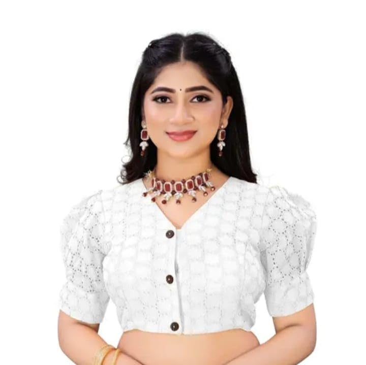Designer Puff Sleeve Readymade Blouse for Women Button Front Cotton Blouse for Saree-picture-27