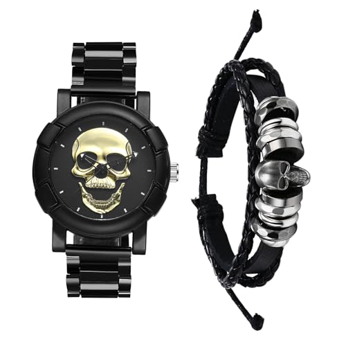 Image of JewelryWe Punk Watches for Men: Round Analog Quartz Skull Watch Cool Stainless Steel Wristwatch Bracelet Watch Set for Halloween