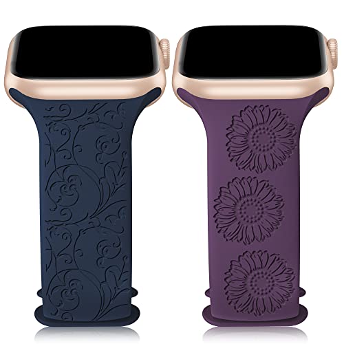 Flower Engraved Silicone Band Compatible with Apple Watch Band 38mm 40mm 41mm 42mm 44mm 45mm, Cute Women Flower Designer Soft Sport Strap Replacement Wristbands for iWatch Series 8 7/SE/6/5/4/3/2/1