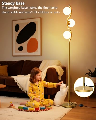 Image of Lightdot Globe Floor Lamp for Living Room Mid Century Modern Floor Lamps with 3Pcs 3000K Soft Warm White Bulbs Included Gold Standing Lamp with 5Lbs Heavy Base for Bedroom /Sofa Beside /Corner Decor