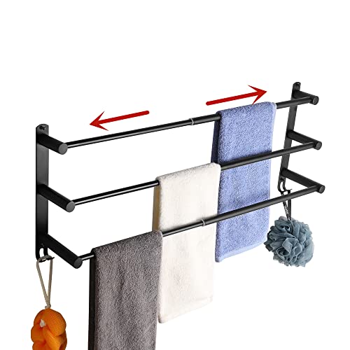 Stretchable 19.7 Inch-31.5Towel Bar Towel Hanger Towel Rack Stainless Steel Towel Hook Strong 3M Type Bathroom Wall-Mounted No Hole Drilling Installation Toilet Kitchen Space Saving Black Three-Bars #TOP26