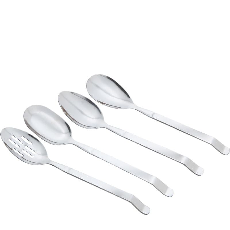 Juego de cubiertos de acero inoxidable con utensilios de servir, incluye cucharas, espátula y colador, ideal para uso doméstico y buffet