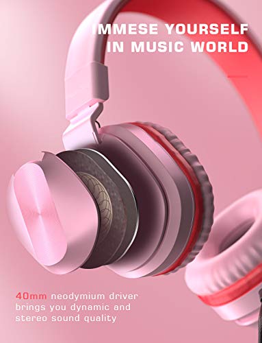 PeohZarr On-Ear Headphones with Microphone, Lightweight Folding Stereo Bass Headphones with 1.5M Tangle Free Cord, Portable Wired Headphones for Smartphone Tablet Laptop Computer MP3/4-Pink