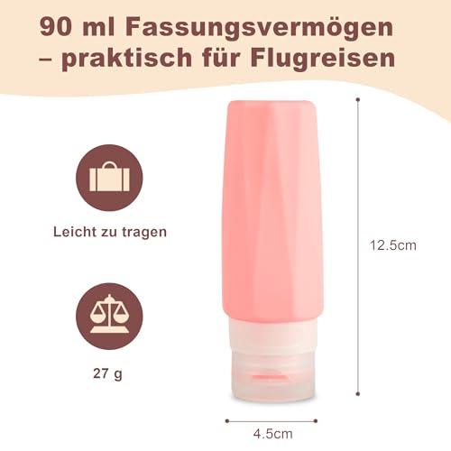 Silikon Reiseflaschen Set, 4 Stück 90ml Auslaufsichere Reisebehälter für Kosmetik und Toilettenartikel - TSA-konform mit No-Drip-Ventil - Ideal für Reise, Festival und Flugzeug