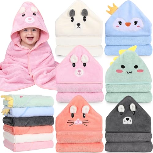 Image of SmoothNovelty 6 Pack Baby Hooded Towels Infants and Toddlers Coral Fleece Baby Bath Towels 31.5 x 31.5 Inch Absorbent Cute Soft Newborn Bath Essentials Gifts for Boys & Girls(Multicolor,Stylish)