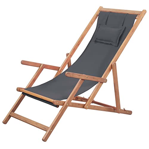 Silla Plegable para Exteriores, Tumbona de Tela Plegable y Ajustable para Patio con Marco de Madera, Silla de Playa Plegable Gris Liviana, para Porche, Junto a la Piscina,