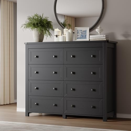 Image of BORNOON Tall 8-Drawer Dresser, Modern Wooden Storage Chest of Drawers, Dresser TV Stand, Wood Drawer Organizer with Metal Handles for Bedroom, Living Room, Hallway