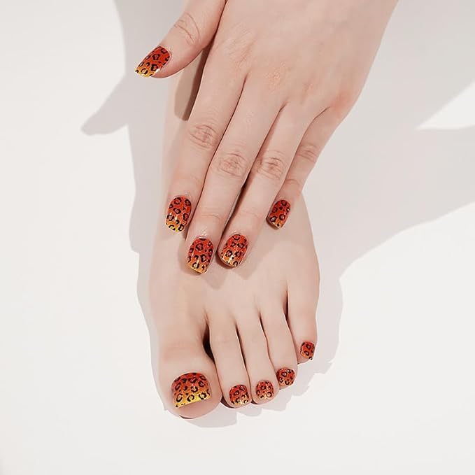 Trending 32 Pcs Hands & Toes Leopard Print Solid Adhesive Full Wrap Gel Nail Art Sticker, Waterproof Stickers with File and Wooden Stick,UV Light Required-image-12