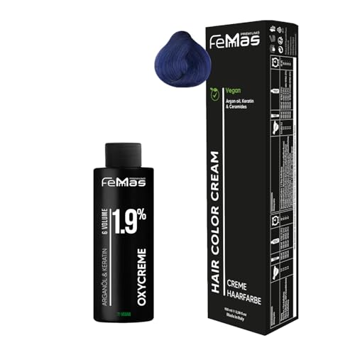 Femmas Conjunto de tinta para o cabelo azul I Hair Color Cream 100 ml creme de óxido 100 ml 1,9 % I coloração permanente de cabelo desenvolvedor I suave e duradouro tinta de cabelo de salão para o