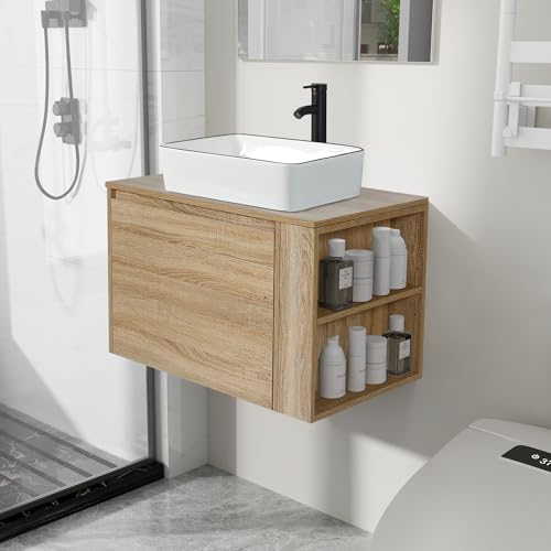 Puluomis 30-inch Bathroom Vanity, Natural Color Wall Mounted Bathroom Vanity with Hidden Drawer, Modern Floating Bathroom Cabinet with Bathroom Square White Ceramic Vessel Sink Top