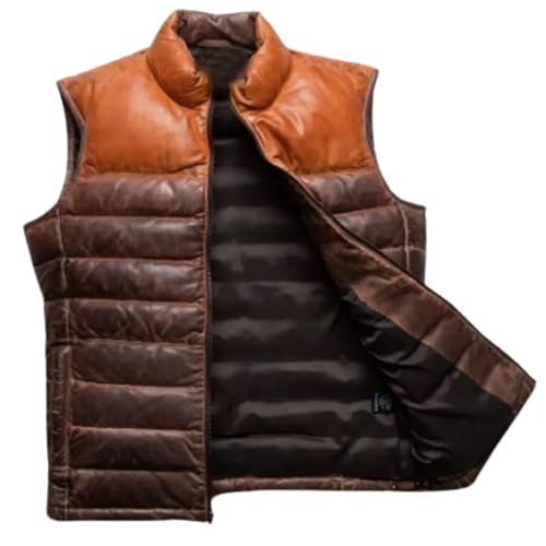 Distressed Brown Leather Motorcycle Puffer Vest with Quilted Two-Tone Design