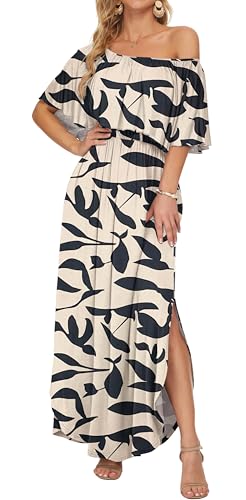 Image of AUSELILY Womens Off Shoulder Ruffle Split Summer Maxi Dresses with Pockets | Off-shoulder Ruffle dress with empire waist & side split for summer beach and casual parties