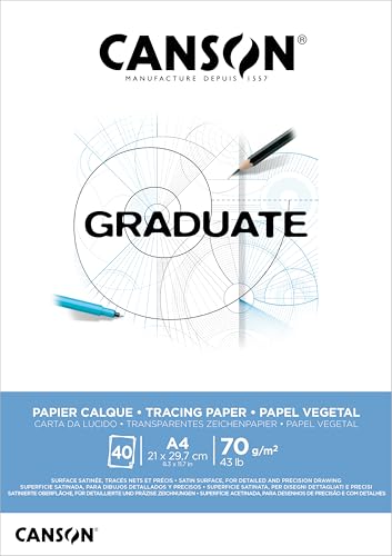Canson Graduate, Papel Calco, Liso, 70g, Bloc Encolado Lado Corto, A4-21x29,7cm, Translucido, 40 hojas