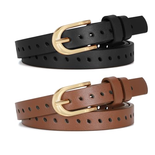 SUOSDEY 2 Pack Women Leather Belt, Skinny Belt for Jeans Pants Dresses Ladies Waist Belt