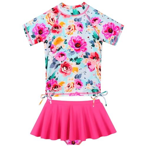BAOHULU Girls Two Piece Swimsuits Rash Guard Ruffle Bikini Skirt Short Sleeves Beach Dress Swimwear UPF 50+ 3-12Y