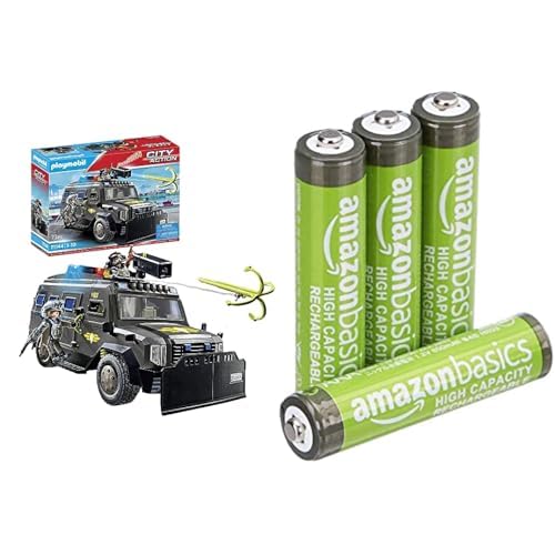 PLAYMOBIL Fuerzas Especiales Todoterreno, luz/Sonido, 5+ años, & Pilas AAA Recargables Amazon Basics 4 unid, 850mAh