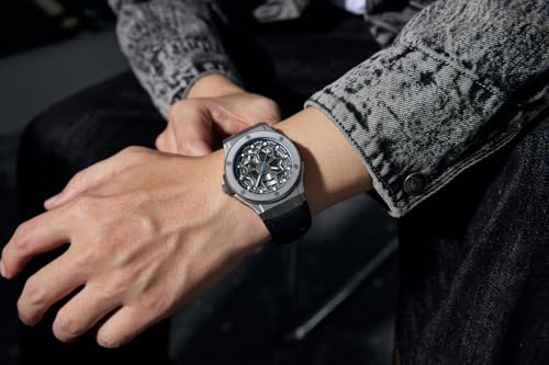 Image of Giordano Automatic Watch for Men - Round Dial, Stainless Steel Case, Transparent Mechanical Movement, Luminous Hands, Black Leather Strap