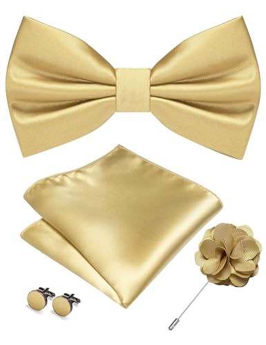 Image of RBOCOTT Solid Color Bow Tie and Pocket Square with Lapel Pin Cufflinks Set 4PCS